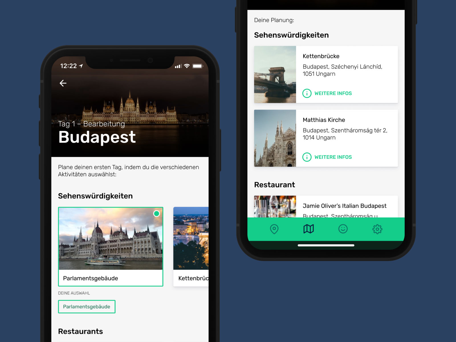 Zwei Layouts für ein App, welches al Tourguide in Budapest dient