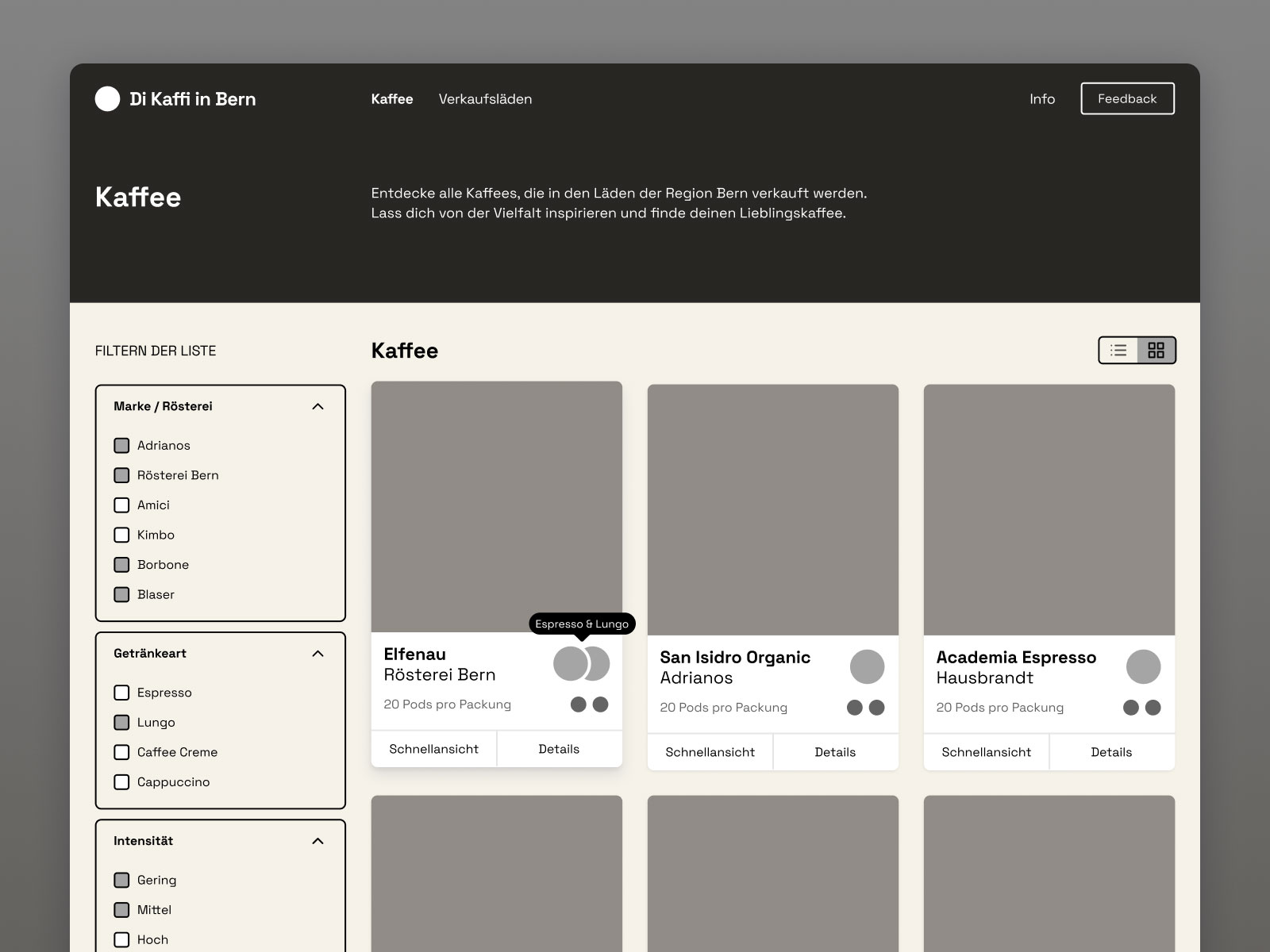 Webseite zu Kaffee und wo diese zu kaufen sind